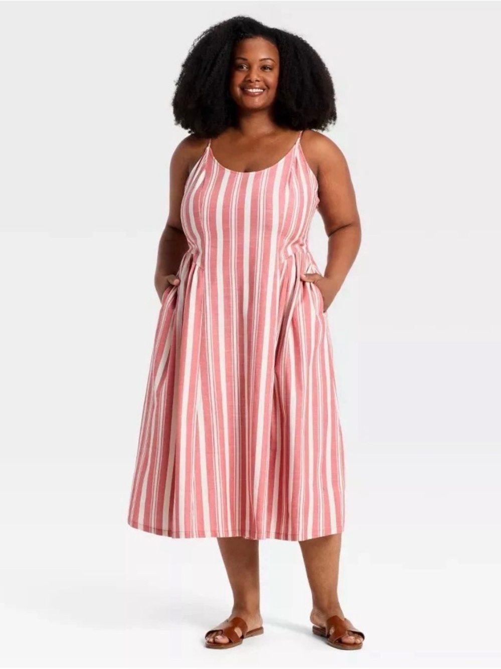a new day Pink & White Striped Midi Sundress with Pockets